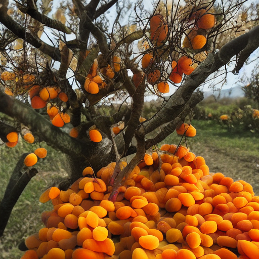 an AI generated image of a man picking apricots from a tree, but the man has been replaced by a pile of apricots