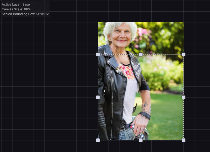 more magic - granny with a tattooed arm, denim pants, and an obscured motorcycle