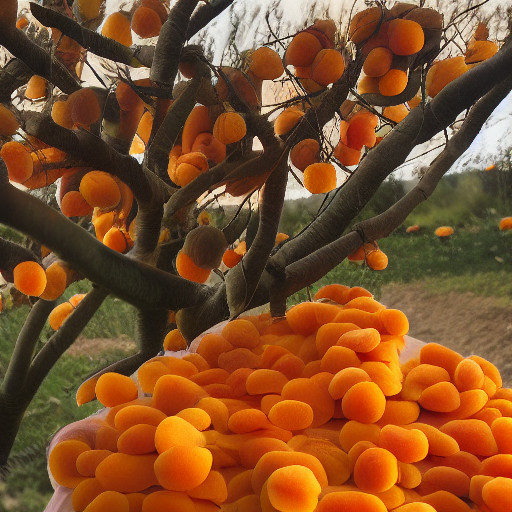 an AI generated image of a man picking apricots from a tree, but the man has been replaced by a mound of giant melting-looking apricots